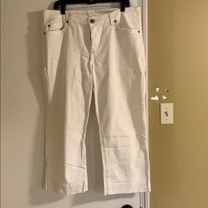 Common Genes brand white crop jeans